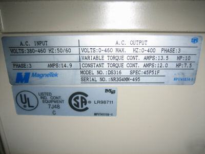 Magnetek DS316 gpd 503 GPD503 7.5/10HP variable drive