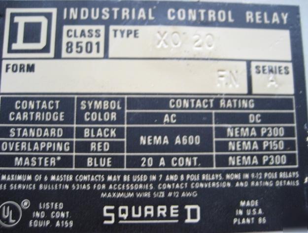 Square d type X0 20 relay class 8501 series a