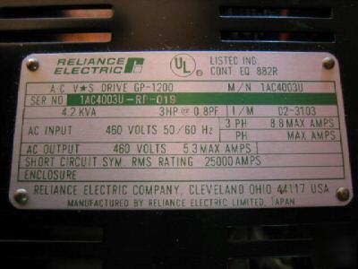 Reliance electric 3 hp ac vs drive gp-1200 1AC4003U