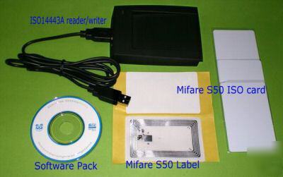 13.56MHZ ISO14443A rfid usb reader/writer + s/w + tags 