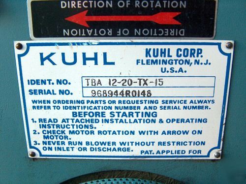 Kuhl blower tba 12-20-tx-15 & baldor motor 20 hp