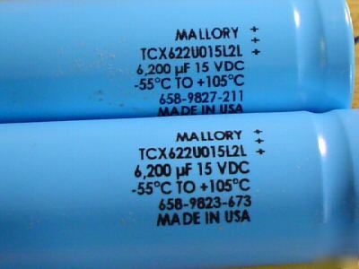 New 10 mallory 15V 6200UF axial capacitors 