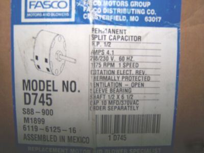 Fasco 1/2 hp electric motor frame D745 rpm 1075 