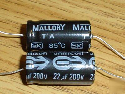 New 100 mallory/jamicon 200V 22UF axial capacitors 