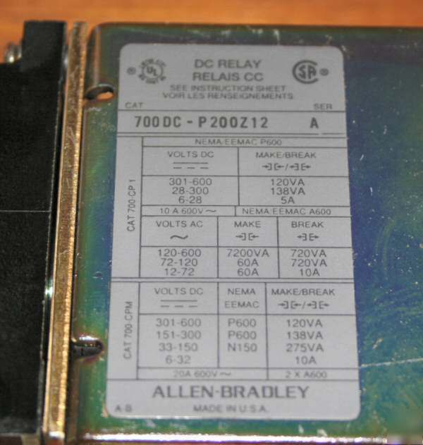 Allen bradley 700DC direct drive relay 700DC-P200Z12 