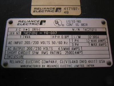 Reliance electric ac variable drive 1AC2101U 1 hp