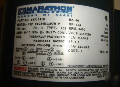 Marathon electric motor 3/4 hp single phase 1 phase