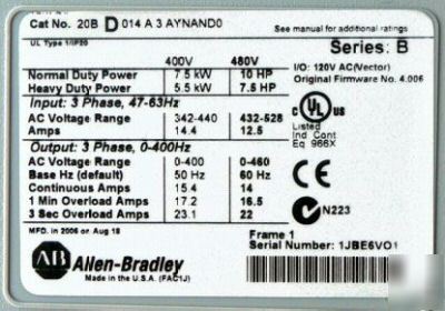 New allen bradley powerflex 700 20BD014A3AYNAND0 10 hp