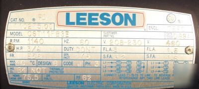 New leeson 110275 3/4 hp 1140 rpm 208-230/480 motor