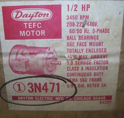 New dayton 1/2 hp tefc ac electric motor 3N471 56C face