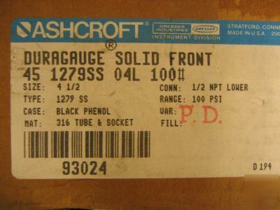 New ashcroft solid front 1279SS duragauge 100PSI brand .