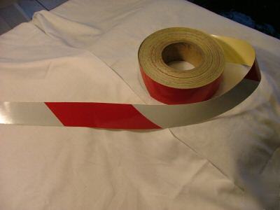 Reflective hazard red/white barricade tape 1