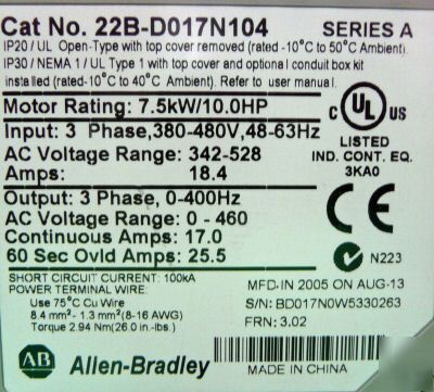 New in box allen bradley powerflex 40 22B-D017N104 fs