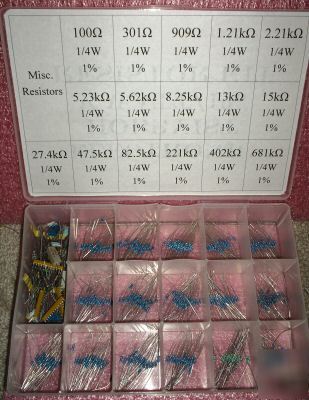 500 piece 1/4 watt/1% resistor kit w/organizer