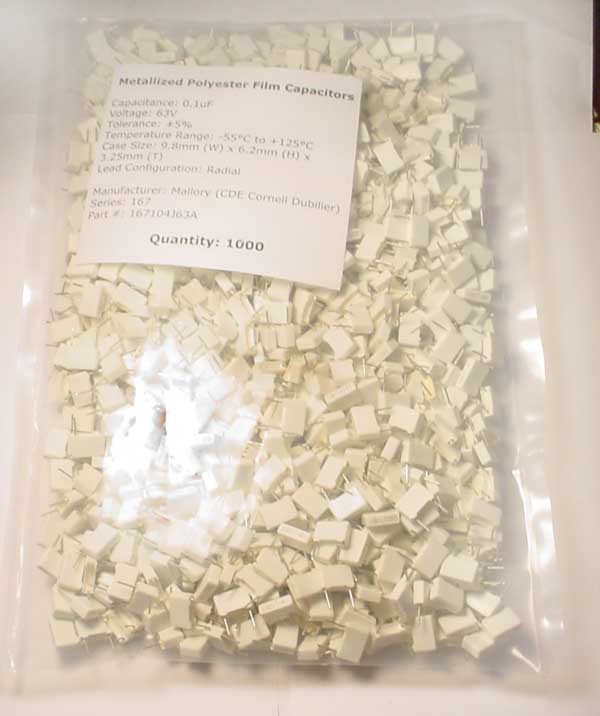 Mallory 0.1UF 63V polyester film capacitors lot of 1000