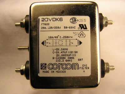 Two corcom 20VDK6 emi filters, 20 a, 120/250V 50-60 hz