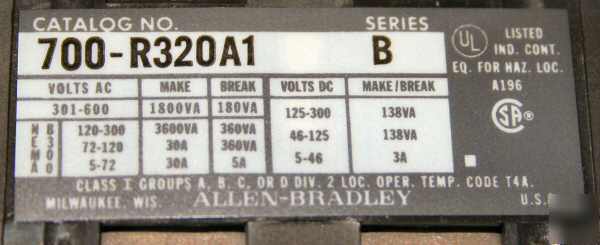 New allen bradley - type r ac relay bulletin 700-R320A1 